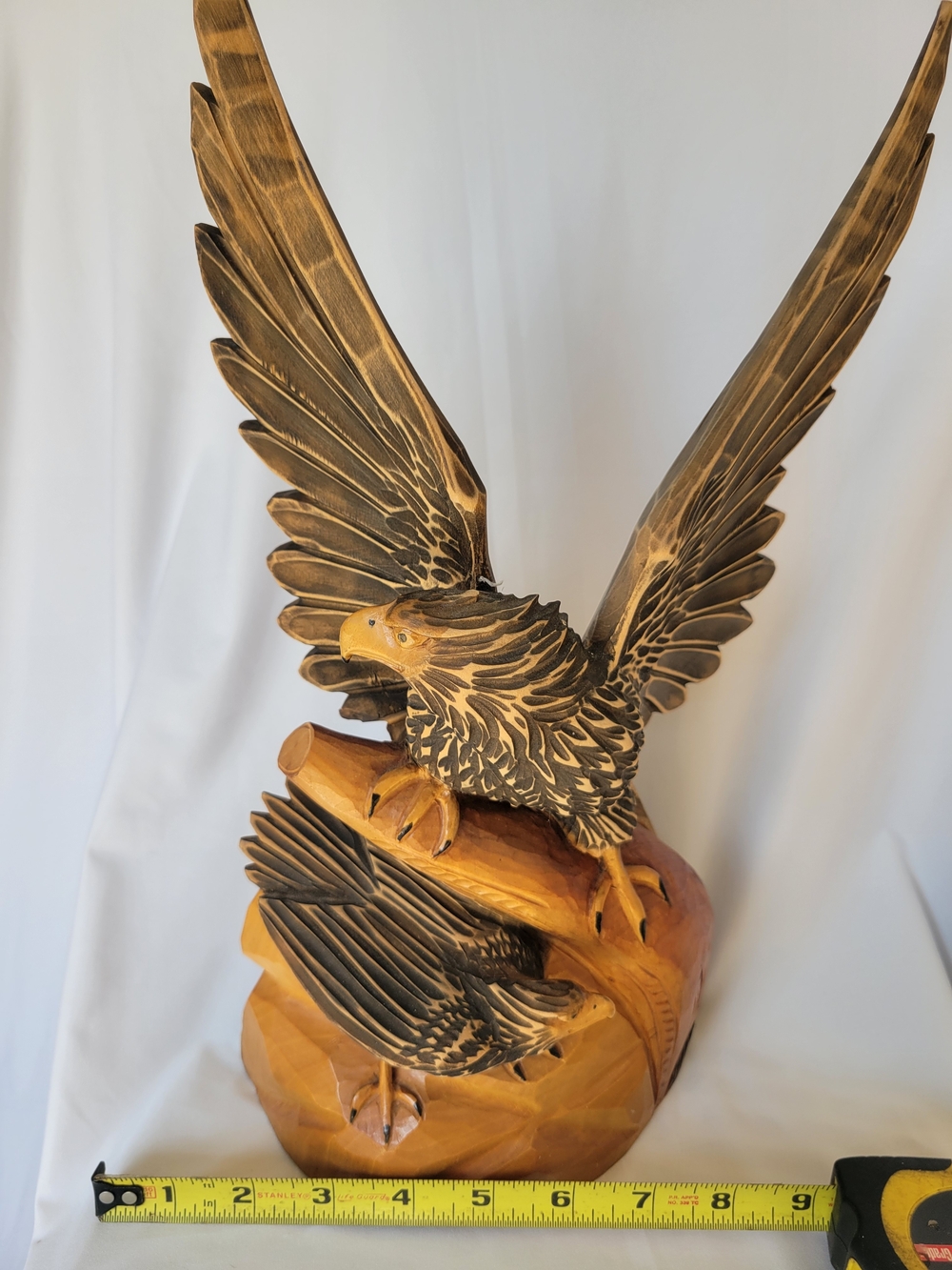 Hand-Carved Wooden Eagle Sculpture - Natural Brown and Black